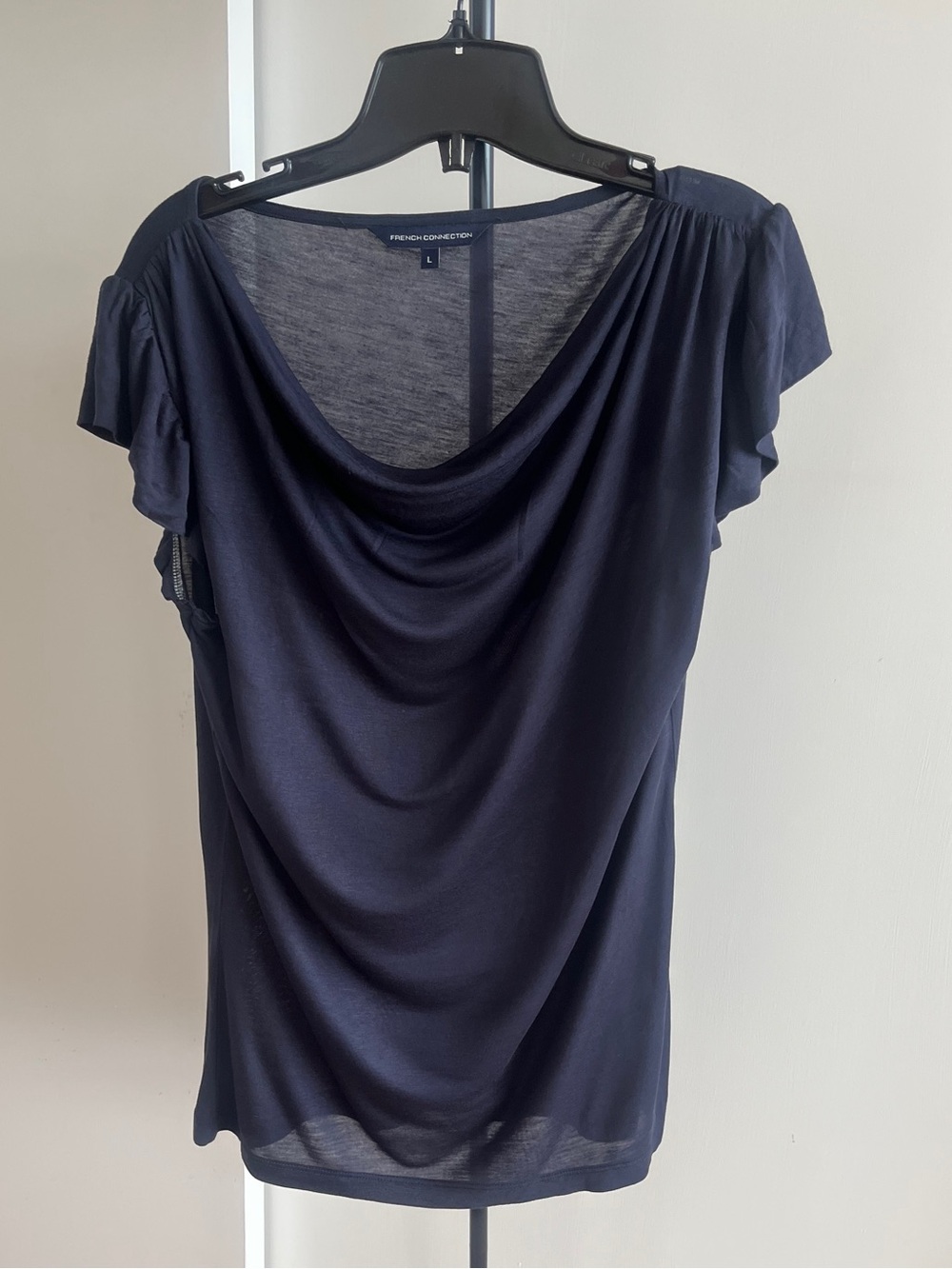 French Connection Droop Neck Ruffled Sleeves Blouse Top Tunic 28" Long Navy Blue